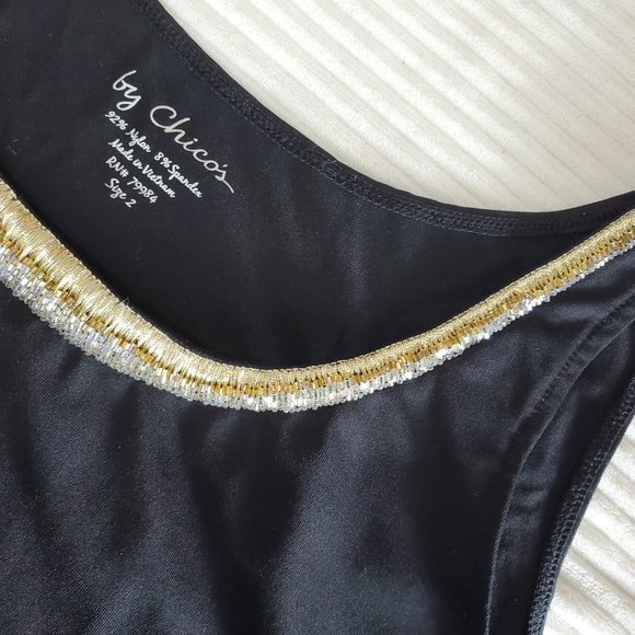 Chicos Black Nylon Bedazzled Neckline Tank Top, sz 2 (12/Medium) Sleeveless - Picture 5 of 9